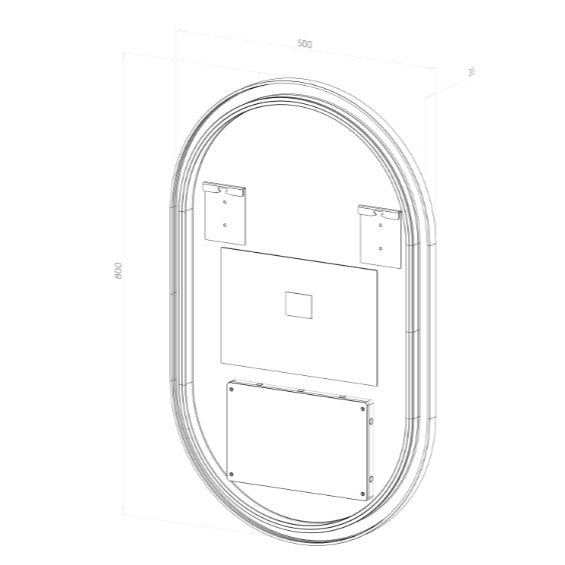 Badeværelsesspejl i oval form. 50 cm bred og 80 cm højt. Spejlet kommer med antidug varme funktion, LED-lys og sort ramme