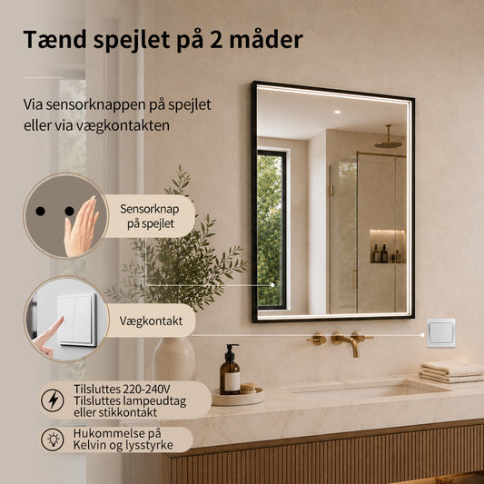 Rektangulært Spejl med LED-lys i Ramme og Antidug 60x80 cm, Sort Ramme