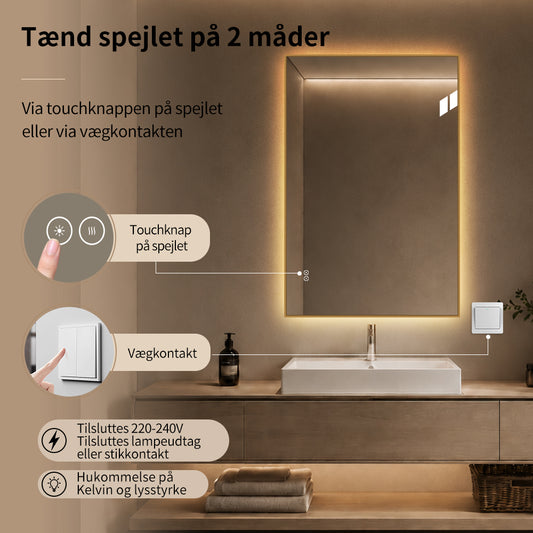 Rektangulært Spejl med LED-lys og Antidug 80x120 cm - Guld ramme 90º