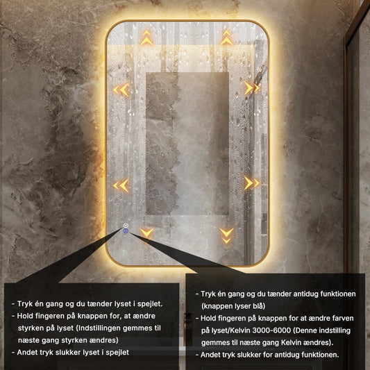 Rektangulært Spejl, med LED-lys og Antidug 80x120 cm - Guld ramme, runde hjørner