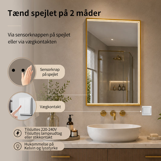 Rektangulært Spejl med LED-lys i Ramme og Antidug 80x120 cm, Guld Ramme