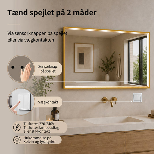 Rektangulært Spejl med LED-lys i Ramme og Antidug 80x60 cm, Guld Ramme