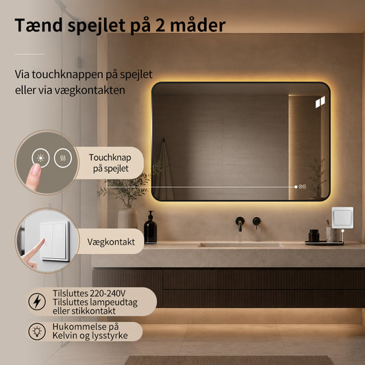 Rektangulært Spejl, med LED-lys og Antidug 120x80 cm - Sort ramme, runde hjørner