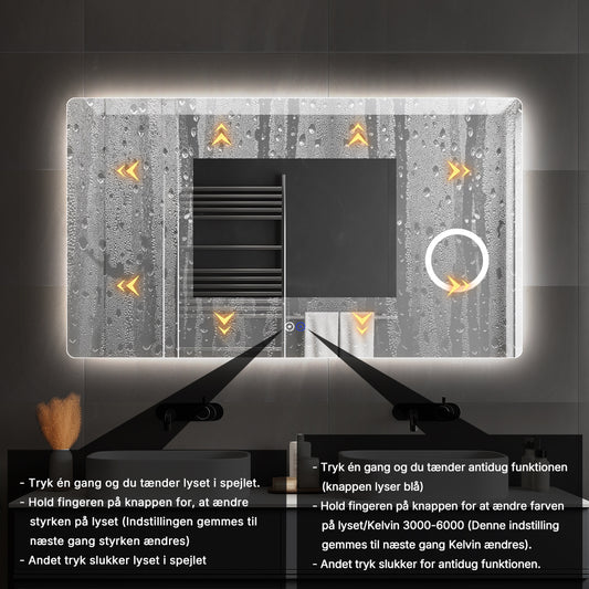 Rektangulært Spejl med LED-lys og Antidug 140x80 cm m/makeup spejl
