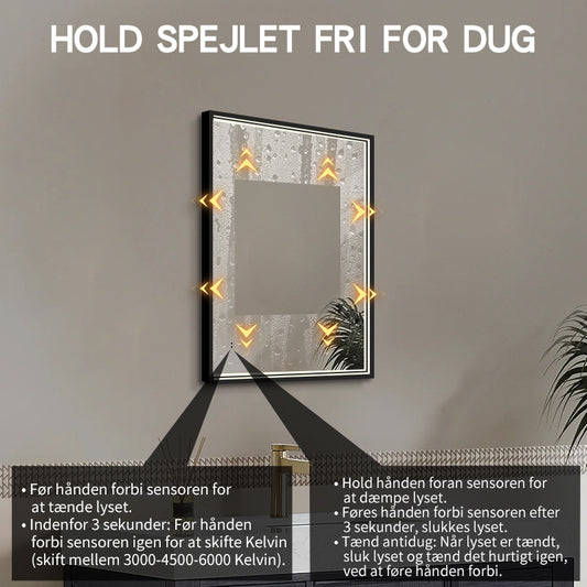 Rektangulært Spejl med LED-lys i Ramme og Antidug 60x80 cm, Sort Ramme