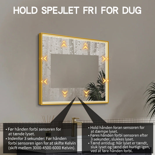 Firkantet Spejl med LED-lys i Ramme og Antidug 80x80 cm, Guld Ramme