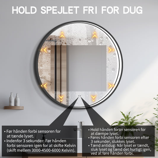 Rundt Spejl med LED-lys i Ramme og Antidug Ø90, Sort Ramme