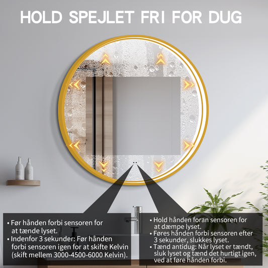 Rundt Spejl med LED-lys i Ramme og Antidug Ø90, Guld Ramme