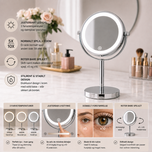 Makeup Spejl m/Forstørrelse X5 og X10 og LED-lys til Bord - Krom
