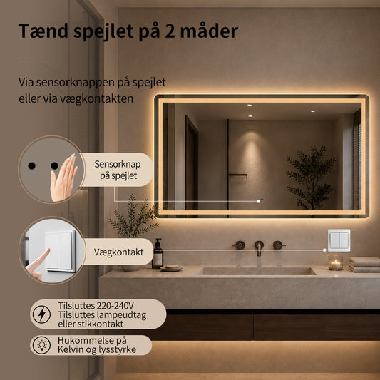Firkantet Spejl med Frontlight LED-lys og Antidug 140x80 cm