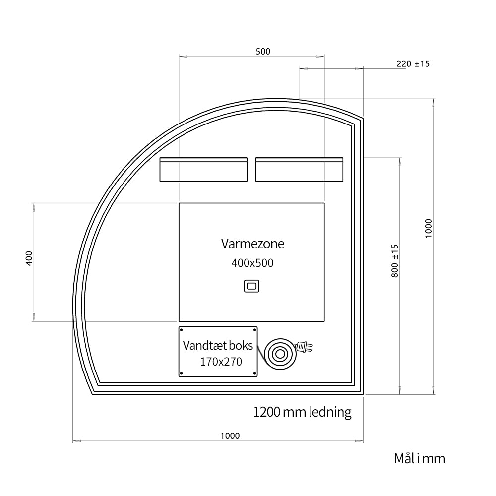 1/4 Rund spejl med LED-lys og Antidug 100x100 cm (Højrevendt)