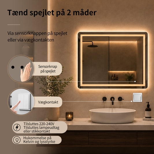 Firkantet Spejl med Frontlight LED-lys og Antidug 80x60 cm