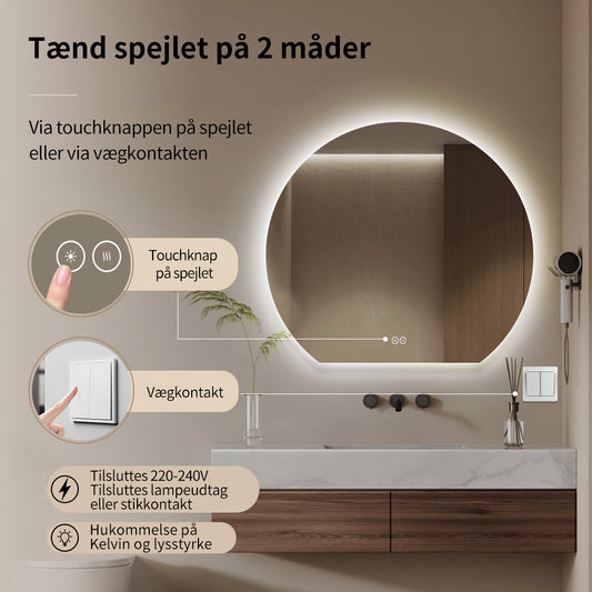 Rundt spejl med LED-lys og Antidug Ă80 cm - SkĂ„ret