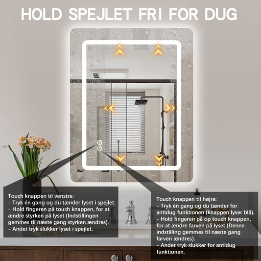 Firkantet Spejl med LED-lys (front + backlight) og Antidug 80x100 cm