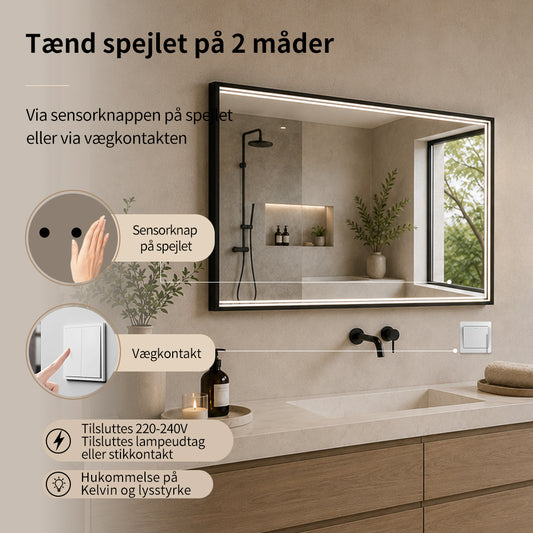 Rektangulært Spejl med LED-lys i Ramme og Antidug 80x60 cm, Sort Ramme