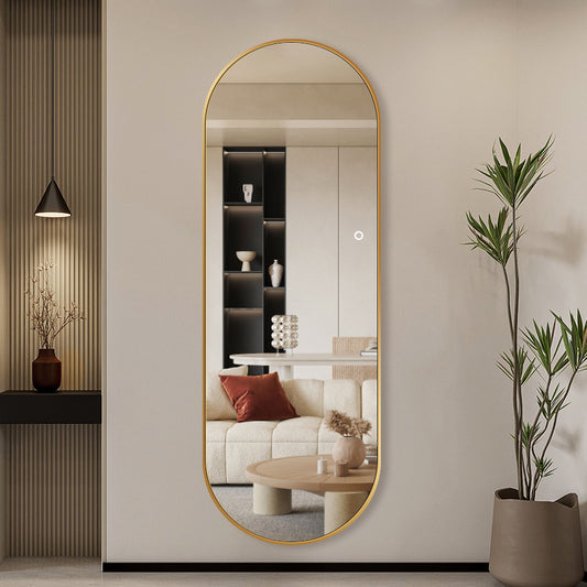 Ovalt helfigur spejl med LED-lys og guldramme. Perfekt til påklædning. Bredde: 60 cm - Højde: 170 cm