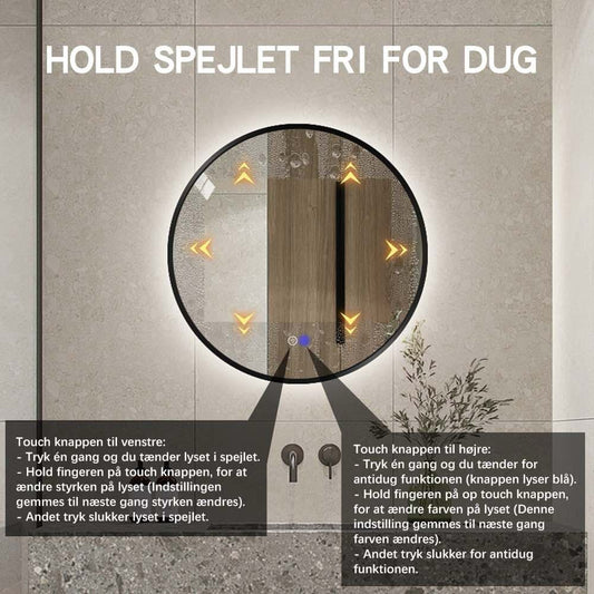 Rundt spejl med LED-lys og Antidug Ø70 cm m/sort ramme