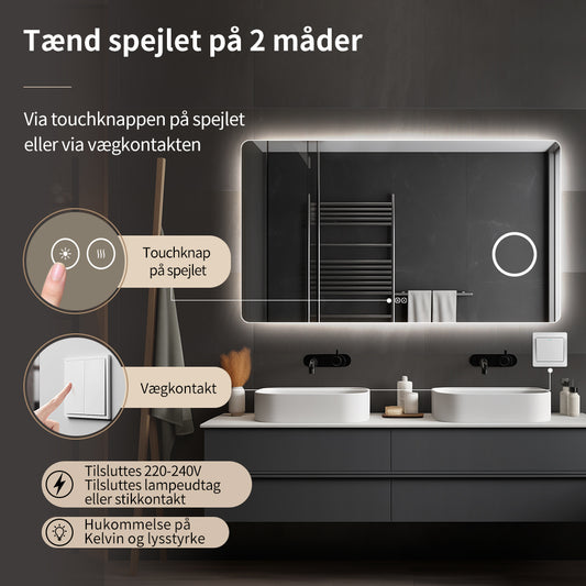 Rektangulært Spejl med LED-lys og Antidug 140x80 cm m/makeup spejl