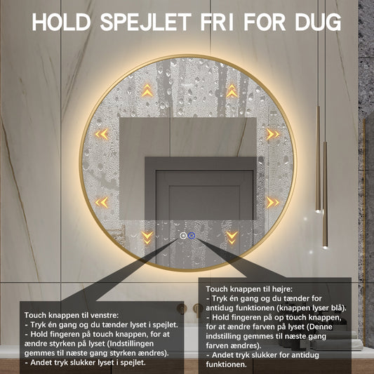 Rundt spejl med LED-lys og Antidug Ø70 cm m/guld ramme