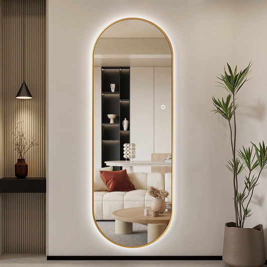 Ovalt helfigur spejl med LED-lys og guldramme. Perfekt til påklædning. Bredde: 60 cm - Højde: 170 cm