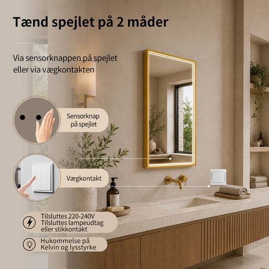 Rektangulært Spejl med LED-lys i Ramme og Antidug 50x80 cm, Guld Ramme