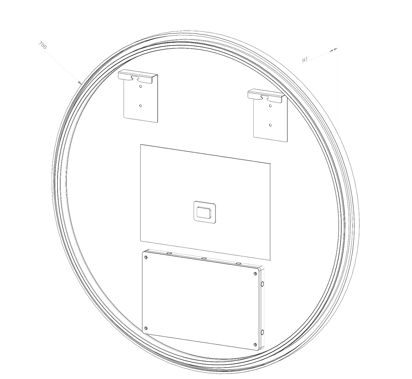 Rundt spejl med LED-lys og Antidug Ø70 cm m/sort ramme
