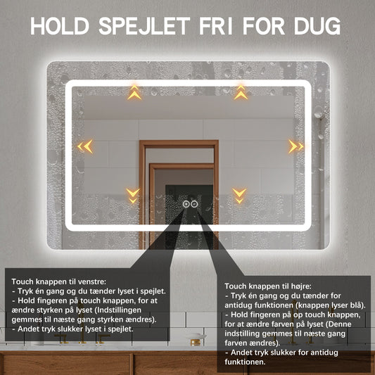 Firkantet Spejl med LED-lys (front + backlight) og Antidug 120x80 cm