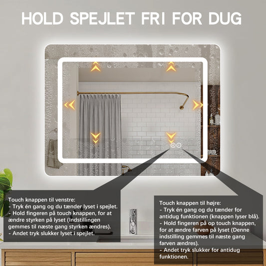 Firkantet Spejl med LED-lys (front + backlight) og Antidug 80x60 cm