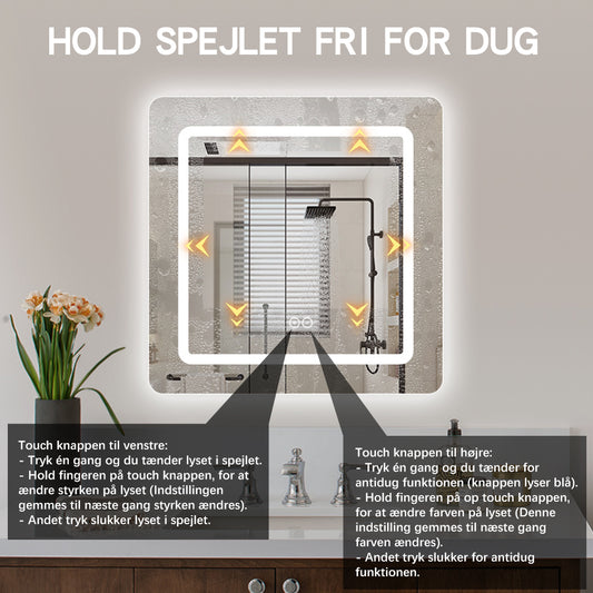 Kvadratisk spejl med LED-lys (front + backlight) og Antidug 80x80 cm