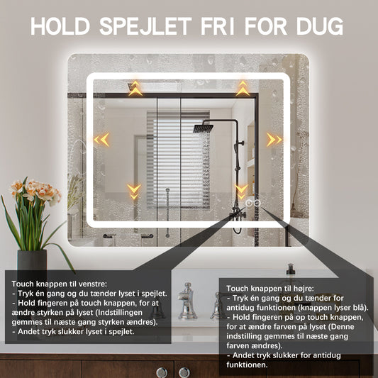 Firkantet Spejl med LED-lys (front + backlight) og Antidug 100x80 cm
