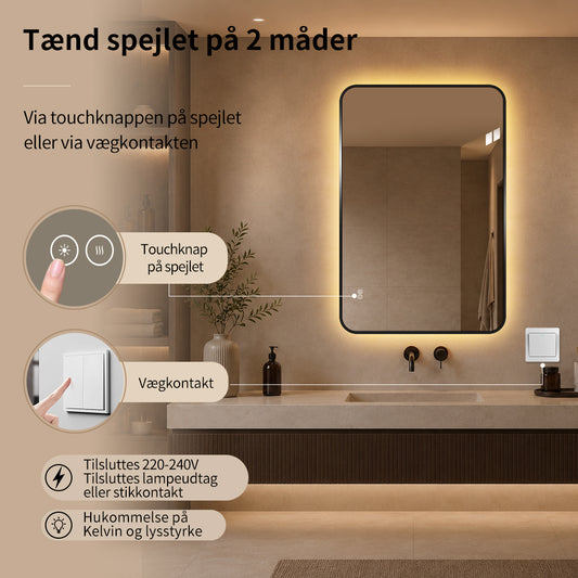 Rektangulært Spejl, med LED-lys og Antidug 80x120 cm - Sort ramme, runde hjørner