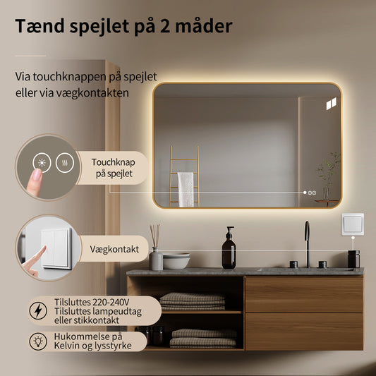 Rektangulært Spejl, med LED-lys og Antidug 120x80 cm - Guld ramme, runde hjørner
