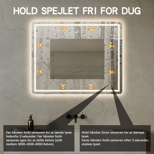 Firkantet Spejl med Frontlight LED-lys og Antidug 100x80 cm