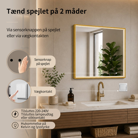 Firkantet Spejl med LED-lys i Ramme og Antidug 80x80 cm, Guld Ramme