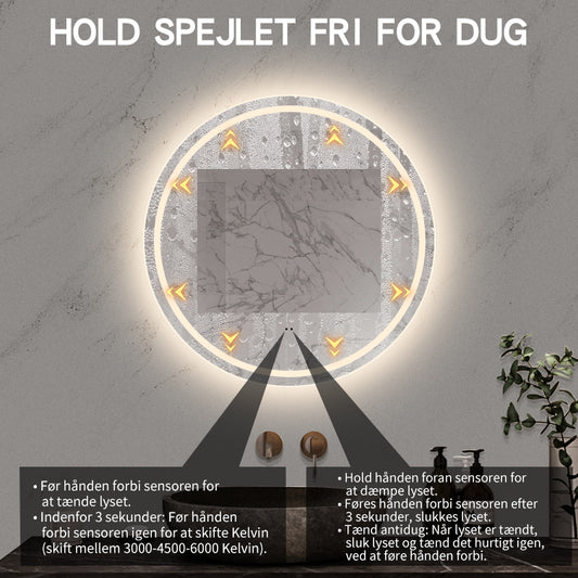 Rundt Spejl med LED-lys (front + backlight) og Antidug Ø80 cm