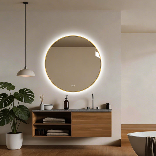 Rundt spejl med LED-lys og Antidug Ø80 cm m/guld ramme