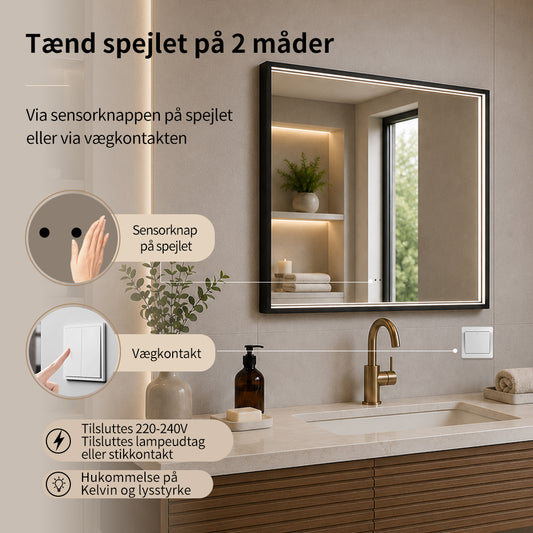 Firkantet Spejl med LED-lys i Ramme og Antidug 80x80 cm, Sort Ramme