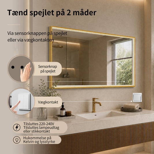 Rektangulært Spejl med LED-lys i Ramme og Antidug 120x80 cm, Guld Ramme