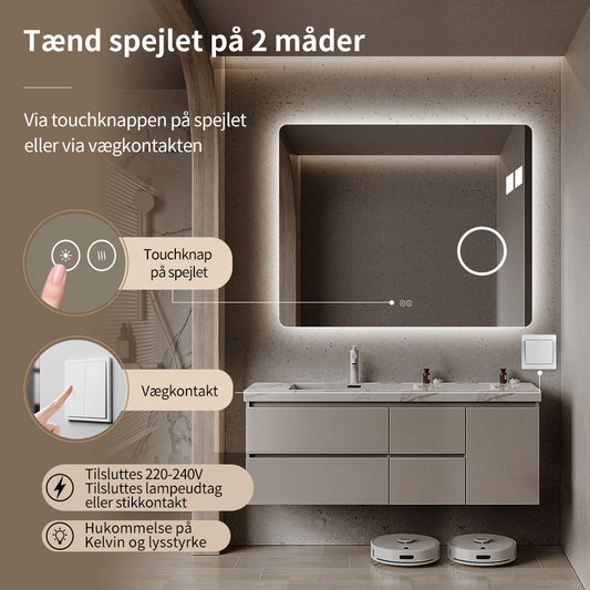 Rektangulært Spejl med LED-lys og Antidug 100x80 cm m/makeup spejl