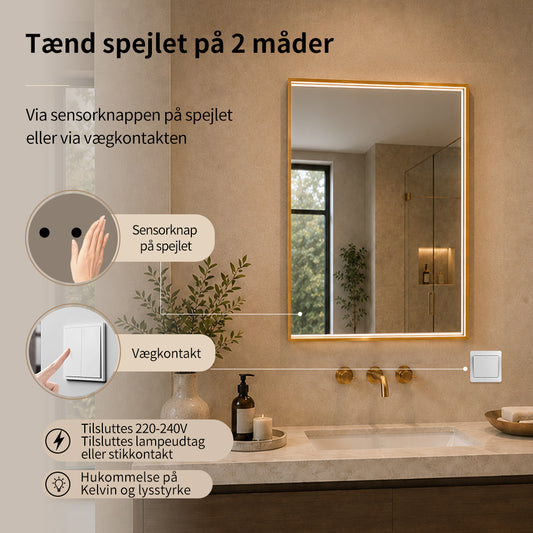 Rektangulært Spejl med LED-lys i Ramme og Antidug 60x80 cm, Guld Ramme