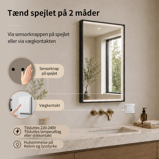 Rektangulært Spejl med LED-lys i Ramme og Antidug 50x80 cm, Sort Ramme