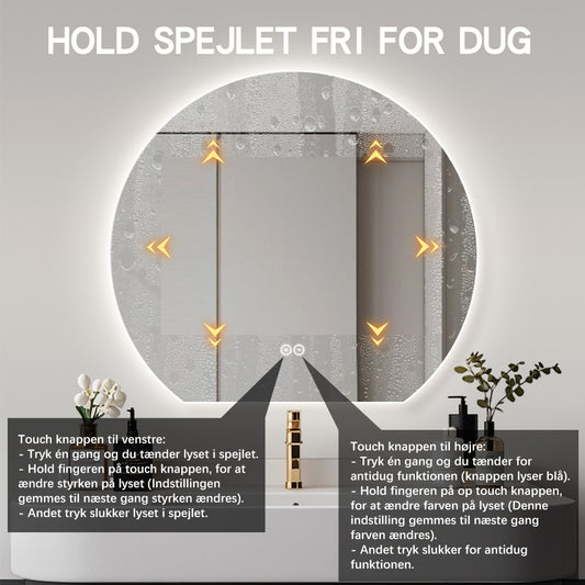 Ø100 cm spejl med antidug varme til badeværelset med lækkert dæmpbar LED- lys. Du kan ændre kelvin og lysstyrke direkte på spejlet.