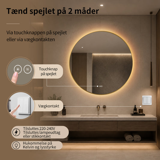 Rundt spejl med LED-lys og Antidug Ă90 cm m/guld ramme