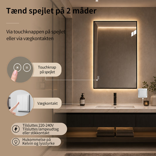 Rektangulært Spejl med LED-lys og Antidug 80x120 cm - Sort ramme 90º