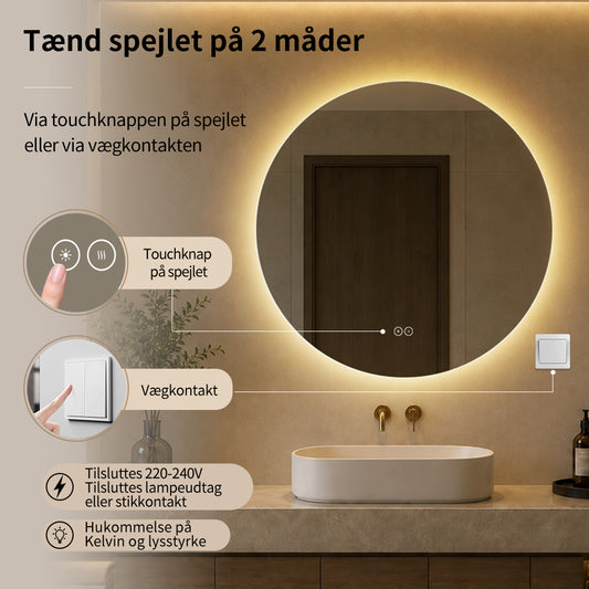 Rundt spejl med LED-lys og Antidug Ø80 cm