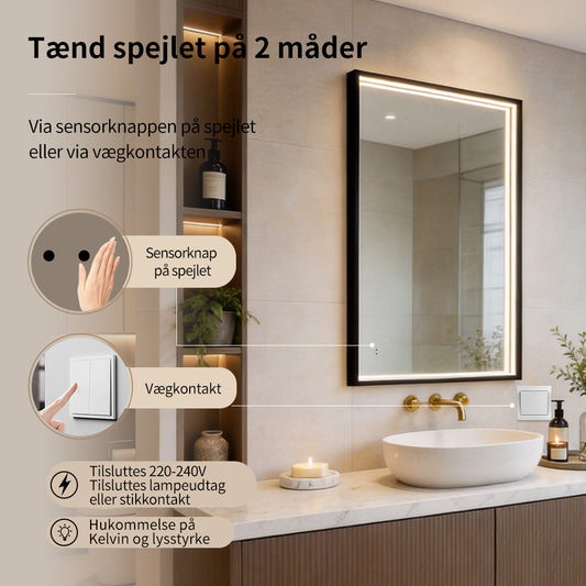 Rektangulært Spejl med LED-lys i Ramme og Antidug 80x120 cm, Sort Ramme