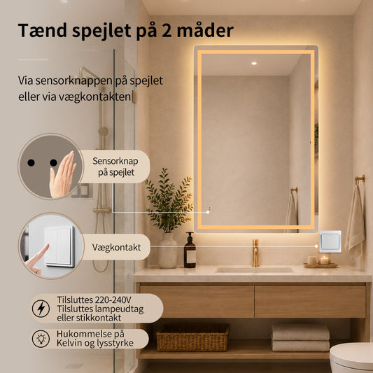 Firkantet Spejl med Frontlight LED-lys og Antidug 80x120 cm
