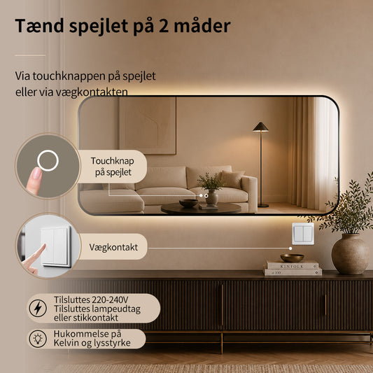 Rektangulært Spejl med LED-lys 180x80 cm - Sort ramme