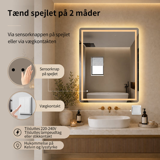 Firkantet Spejl med Frontlight LED-lys og Antidug 80x100 cm