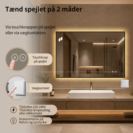 Rektangulært Spejl med LED-lys og Antidug 120x80 cm - Sort ramme 90º